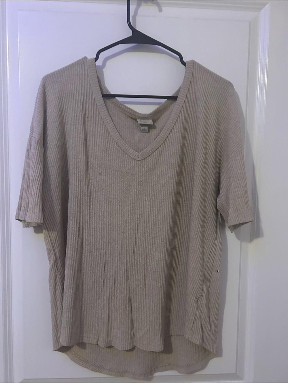 a new day Ribbed V-Neck Short Sleeve Top in Beige Taupe